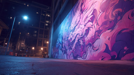 Stylized neon dragon artwork glowing on a graffiti wall at night with vibrant energyの素材