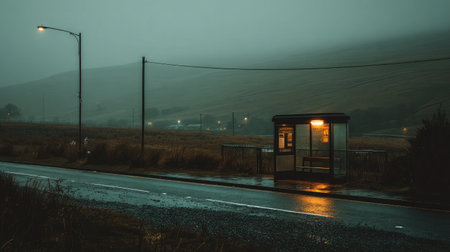 Rain covers a rural roadside bus stop with wet gravel and misty hills in the backgroundの素材