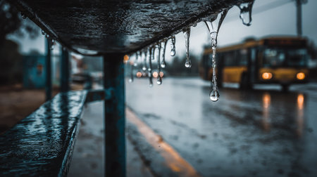 Rain dripping from the edge of a bus stop roof, forming small streams down to the curbの素材
