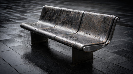 Worn metal bench at a bus stop glistening under heavy rainfall and dark cloudsの素材
