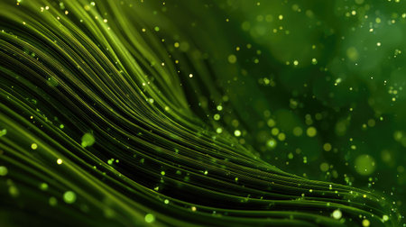 Abstract green waves and light flares moving across a digital backgroundの素材