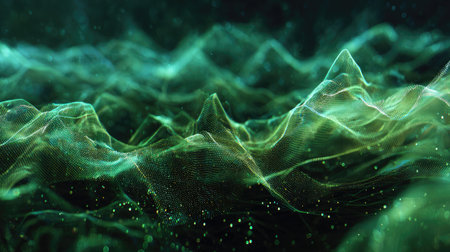 Abstract green waves and light flares moving across a digital backgroundの素材