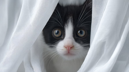 A black-and-white kitten hiding behind a curtain with only its eyes showingの素材