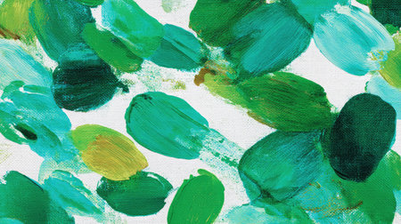Artistic brush stroke patterns in various green shades across a white canvasの素材