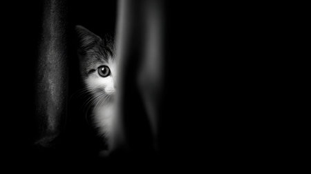 A black-and-white kitten hiding behind a curtain with only its eyes showingの素材