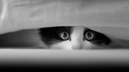 A black-and-white kitten hiding behind a curtain with only its eyes showingの素材