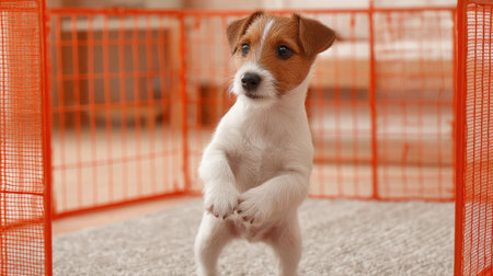 A cute terrier puppy standing on its hind legs inside a playpenの素材