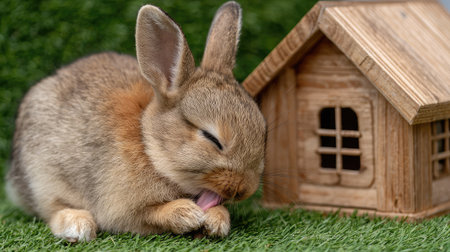 A bunny licking its paw while sitting next to a small wooden houseの素材