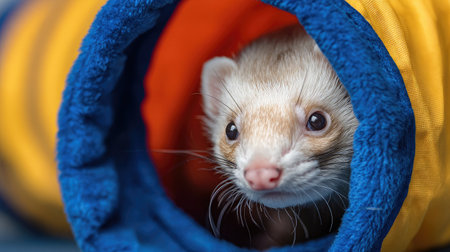 A ferret crawling out of a soft tunnel toy with bright eyesの素材