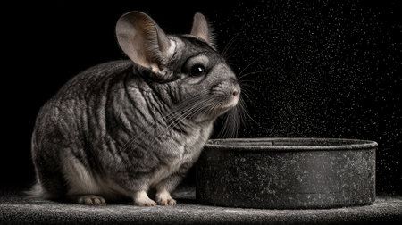 A chinchilla sitting in a dust bath container surrounded by powdery dustの素材