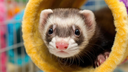 A ferret crawling out of a soft tunnel toy with bright eyesの素材