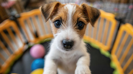 A cute terrier puppy standing on its hind legs inside a playpenの素材
