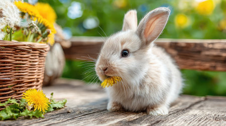 A bunny chewing on a dandelion leaf next to a small basketの素材