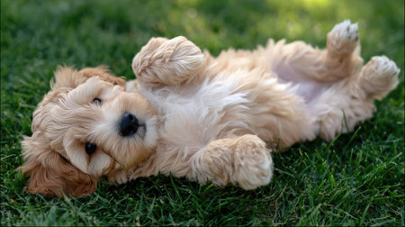 A fluffy puppy rolling on its back on the grass with paws upの素材