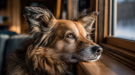 A fluffy dog staring out the window with its chin resting on the sillの素材