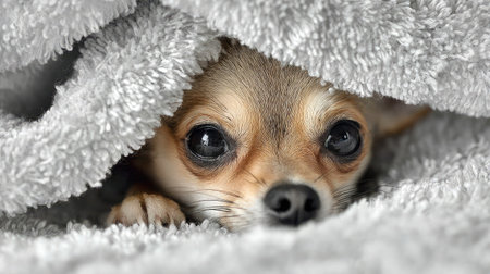 A curious chihuahua peeking out from under a soft towelの素材