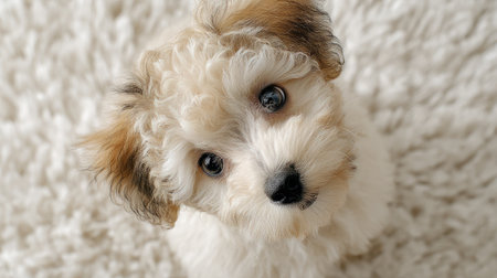 A curious puppy tilting its head while sitting on a fluffy white carpetの素材