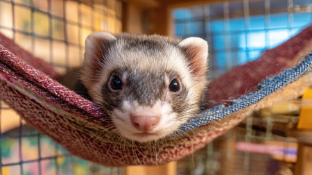A curious ferret peeking out from a cozy hammock in a pet habitatの素材