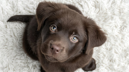 A curious puppy tilting its head while sitting on a fluffy white carpetの素材