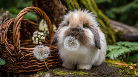 A bunny chewing on a dandelion leaf next to a small basketの素材