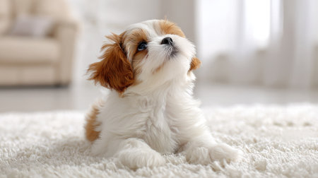 A curious puppy tilting its head while sitting on a fluffy white carpetの素材