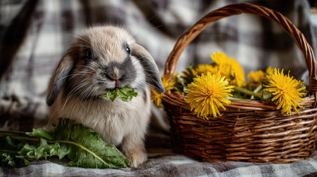A bunny chewing on a dandelion leaf next to a small basketの素材