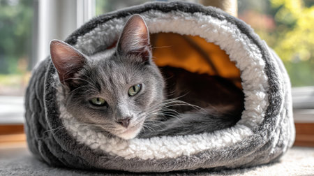 A fluffy gray cat curled in a round pet bed with eyes half-openの素材