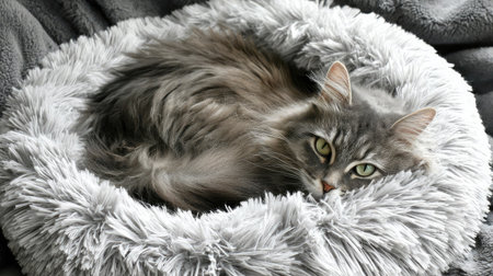 A fluffy gray cat curled in a round pet bed with eyes half-openの素材