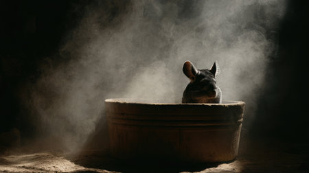 A chinchilla sitting in a dust bath container surrounded by powdery dustの素材