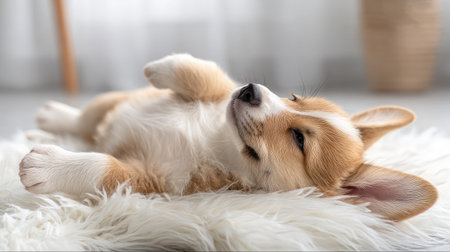 A corgi puppy lying on its back with paws in the air on a white fluffy rugの素材