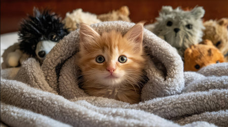 A fluffy kitten curled up in a cozy blanket on a soft bed, surrounded by plush toysの素材