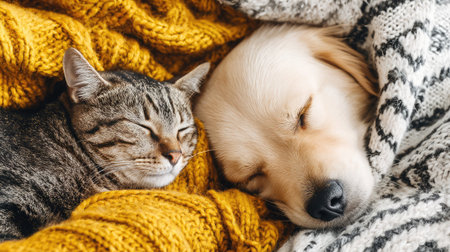 A cat and dog sleeping together on a cozy blanket in a curled positionの素材