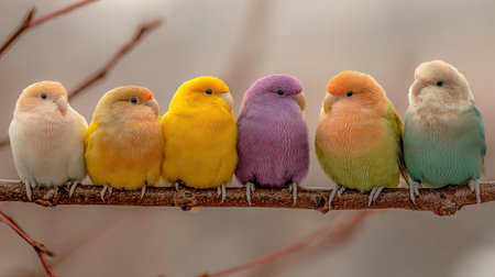 A group of colorful parakeets perched on a tree branch against a soft backgroundの素材