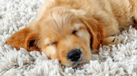 A golden retriever puppy sleeping peacefully on a soft carpet in warm lightingの素材
