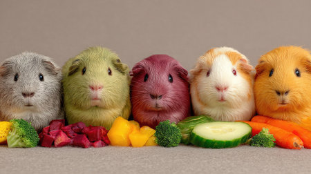 A group of guinea pigs sitting in a row with colorful vegetables in frontの素材