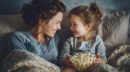 A happy mom and daughter cuddled up watching a movie with popcorn and cozy blanketsの素材