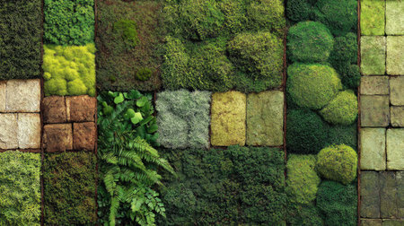 A mix of green moss textures creating an earthy and organic backgroundの素材
