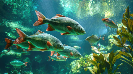 A group of fish swimming in a well-lit aquarium with green plantsの素材