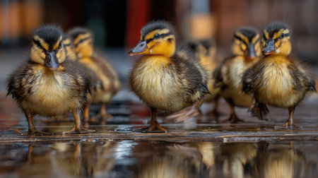 A group of ducklings waddling on a wooden surface with light reflectionsの素材