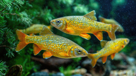 A group of fish swimming in a well-lit aquarium with green plantsの素材