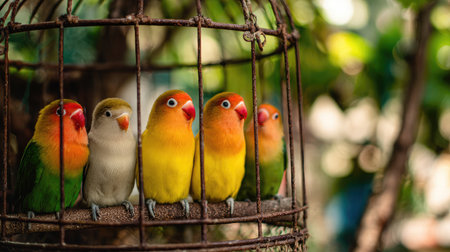 A group of colorful lovebirds perched inside a decorative birdcageの素材
