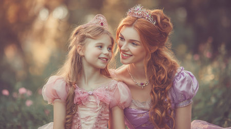 A mother and daughter playing dress-up, wearing princess costumes and beaming with joyの素材