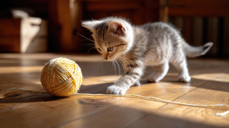 A playful kitten chasing a yarn ball on a wooden floor with natural lightの素材