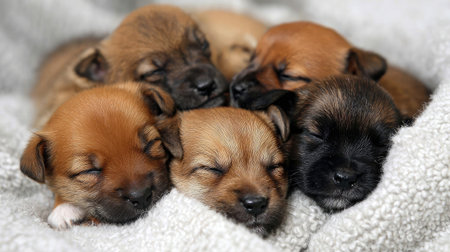 A group of newborn puppies snuggled close together on a fuzzy blanketの素材
