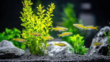 A group of fish swimming in a well-lit aquarium with green plantsの素材