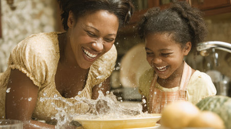 A mother and daughter laughing while washing dishes together, water splashing playfullyの素材