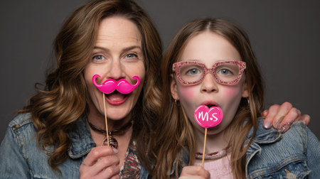 A mom and daughter making silly faces in a photo booth, holding up props and laughingの素材