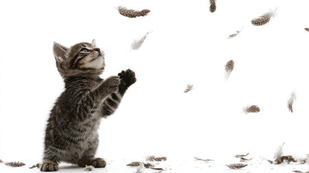 A kitten trying to catch falling feathers on a white backgroundの素材