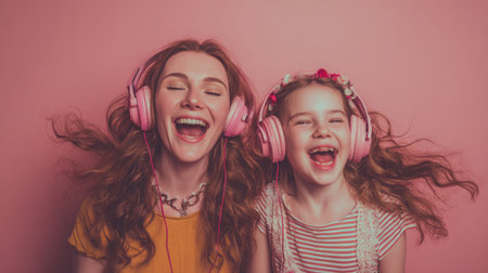 A mother and daughter sharing headphones and listening to music while swaying with joyの素材