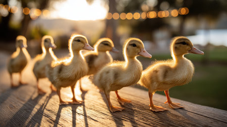 A group of ducklings waddling on a wooden surface with light reflectionsの素材